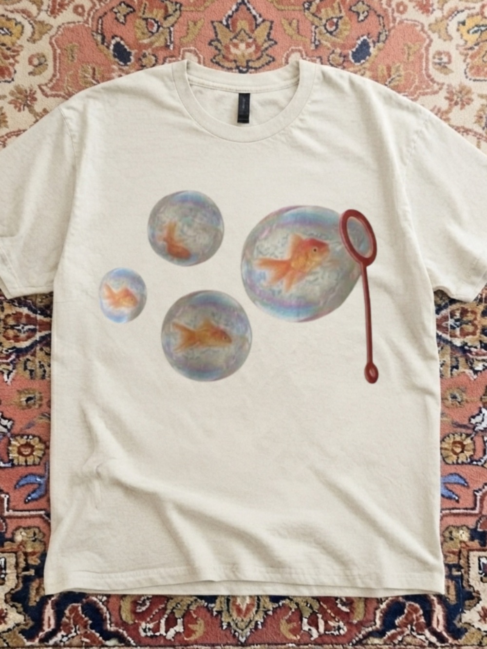 Gildan Cream Short Sleeve Tee with Goldfish Bubble Graphic